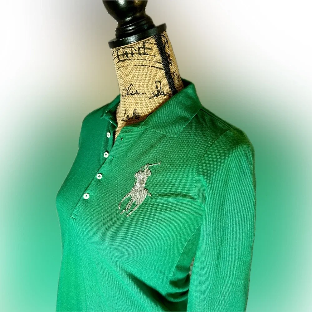 Ralph Lauren Beaded Big Pony Blue Label Green Long Sleeve Polo Girls L 12/14